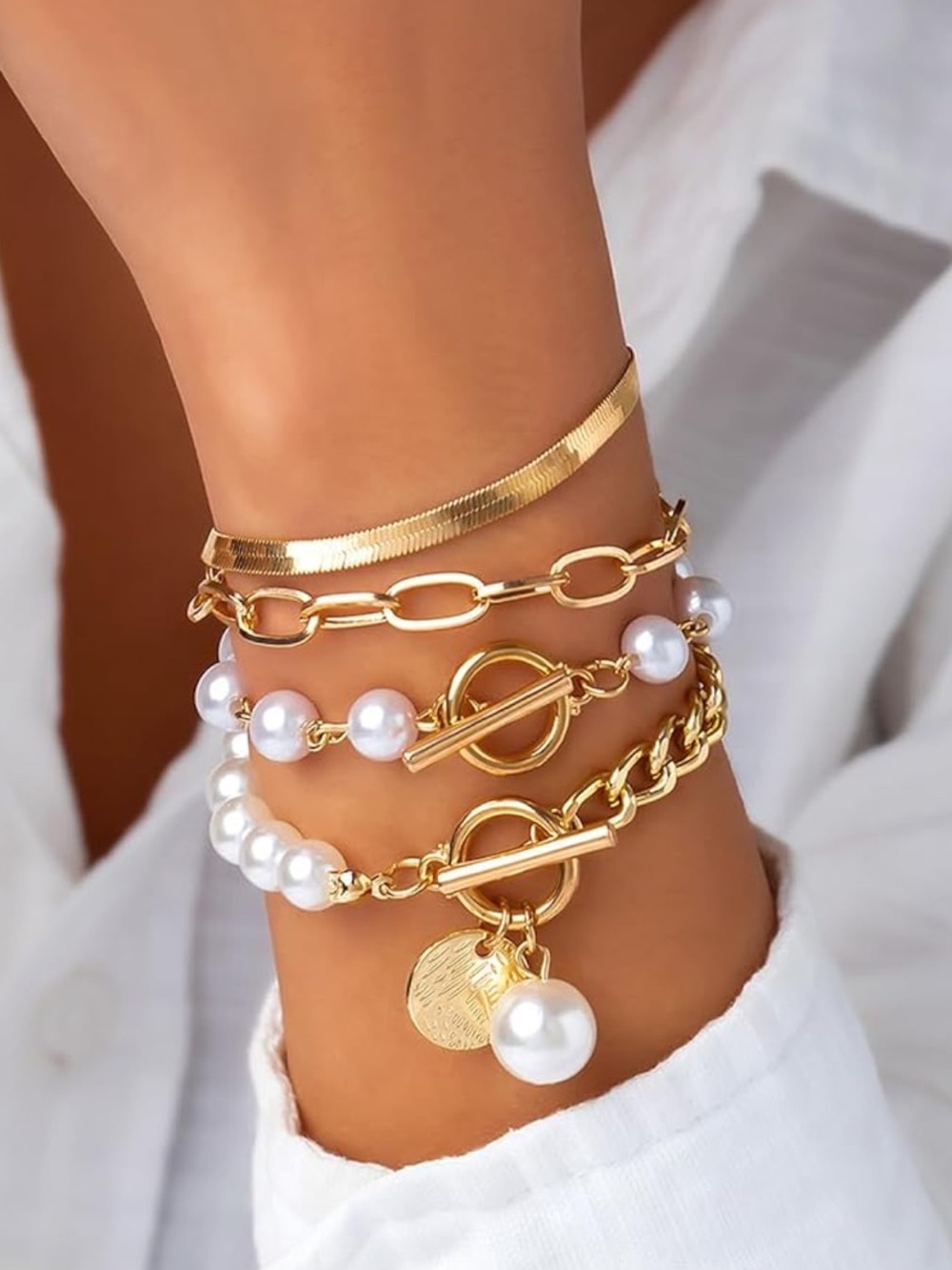 Anthropologie Gold and White Pearl Layered Bracelet Set